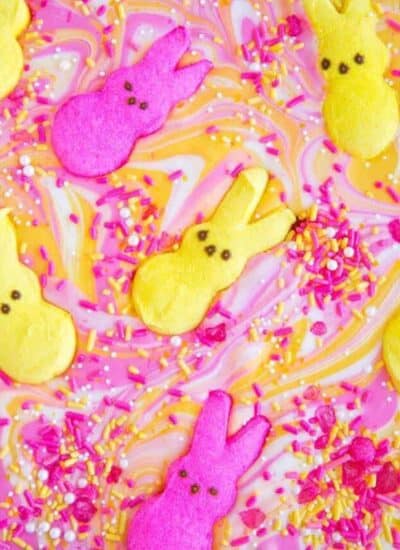 A close up photo of Easter bunny candy bark.