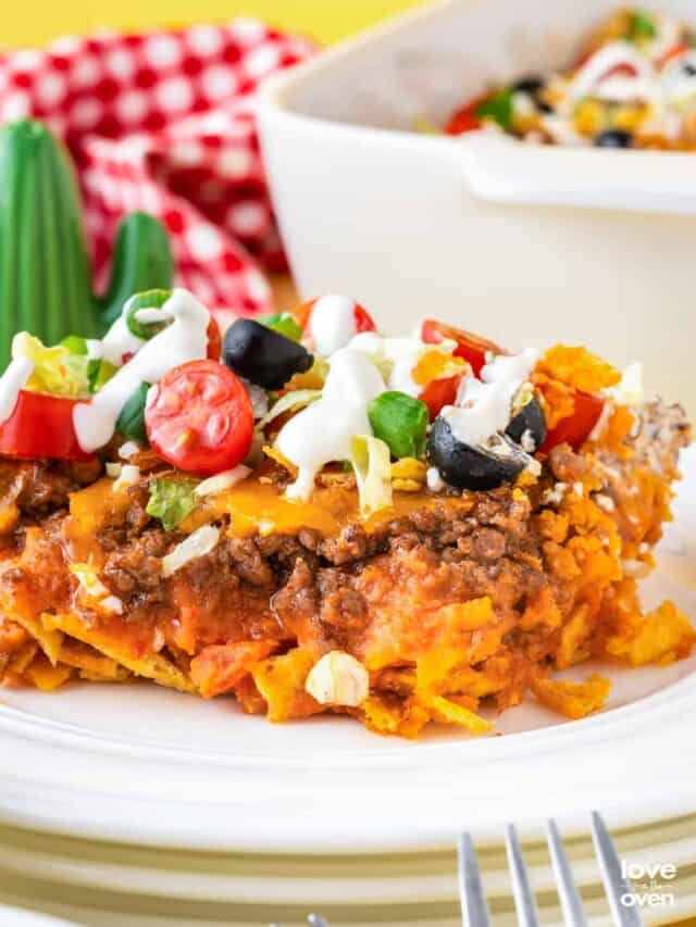 Taco casserole on a white plate.
