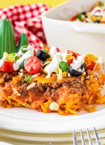 Taco casserole on a white plate.