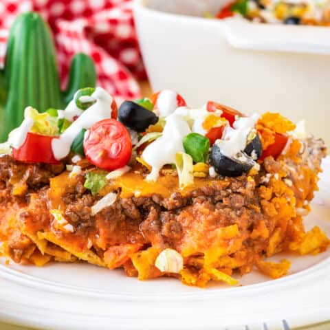 Taco casserole on a white plate.