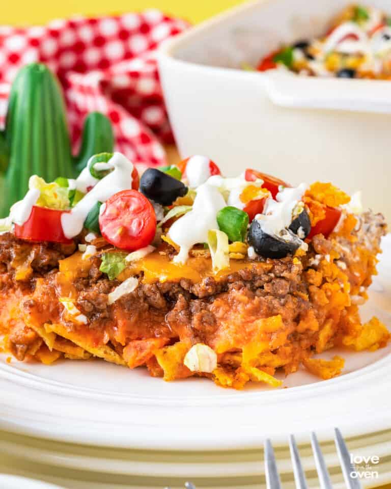Taco casserole on a white plate.