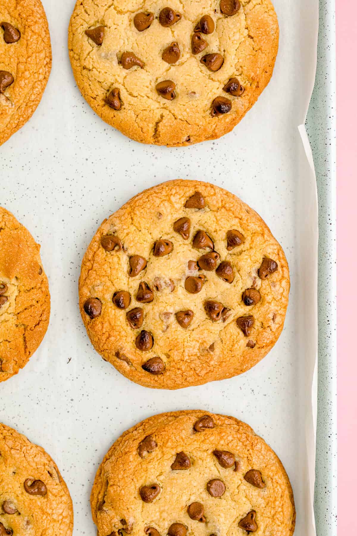 a tray of chocolate chip crumbl cookies