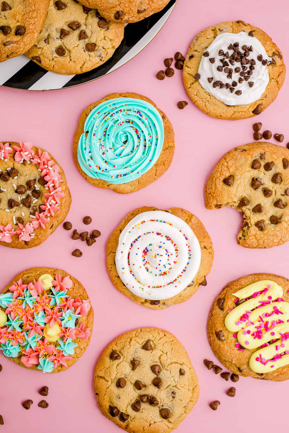 Crumbl Cookies on a pink background