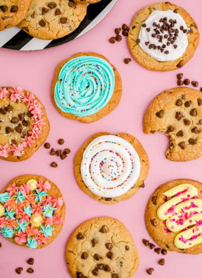 Crumbl Cookies on a pink background