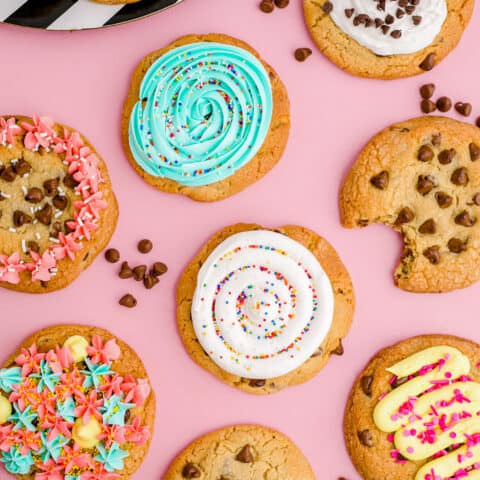 Crumbl Cookies on a pink background