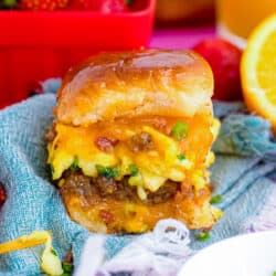 A breakfast slider on a blue napkin