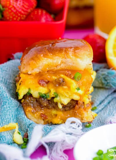 A breakfast slider on a blue napkin