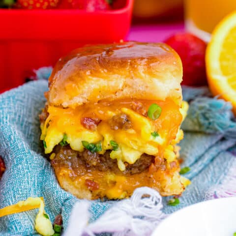 A breakfast slider on a blue napkin