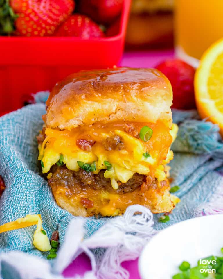 A breakfast slider on a blue napkin