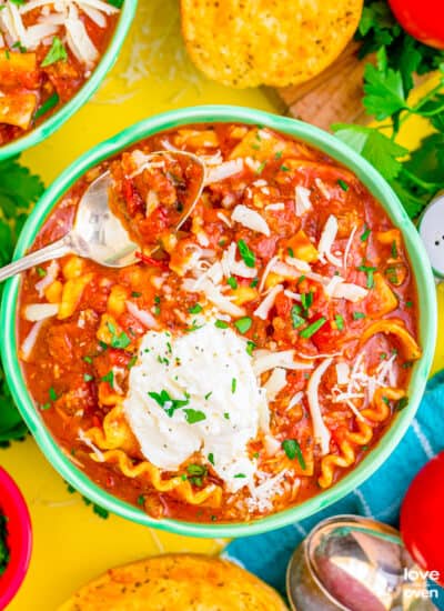 A bowl of lasagna soup.