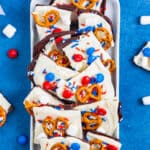 a tray full of red white and blue bark