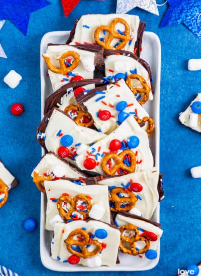 a tray full of red white and blue bark