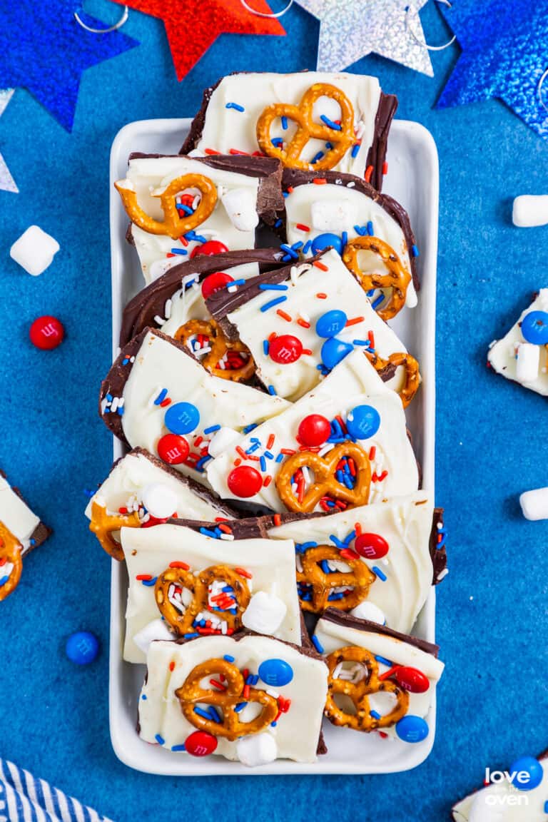 a tray full of red white and blue bark