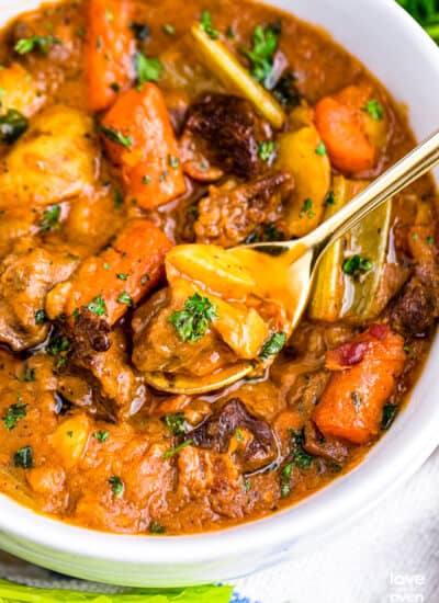 a bowl of guinness beef stew with a spoon in it