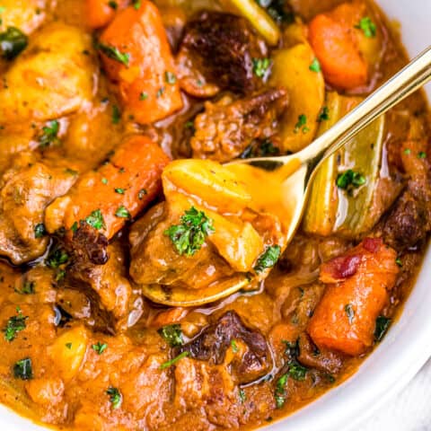 a bowl of guinness beef stew with a spoon in it