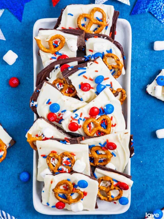 a tray full of red white and blue bark