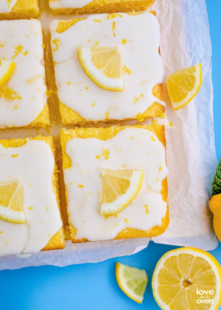 Slices of lemon cake topped with lemon glaze