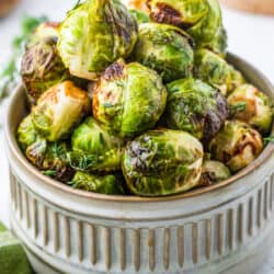 A bowl of brussels sprouts that were made in an air fryer.
