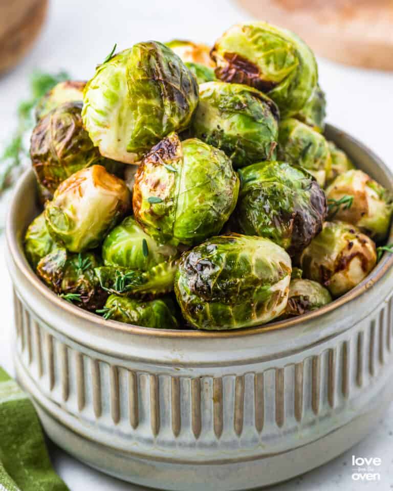 A bowl of brussels sprouts that were made in an air fryer.