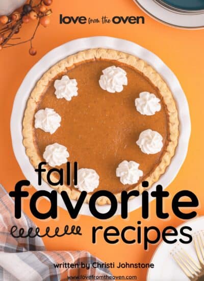 The cover of the Fall Favorite Recipes cookbook with a pumpkin pie on the front