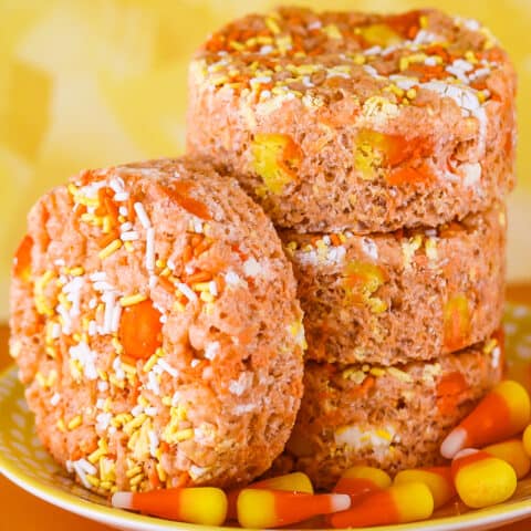 A stack of candy corn rice krispie treats