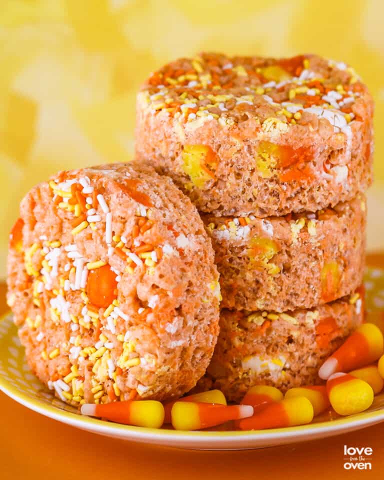 A stack of candy corn rice krispie treats