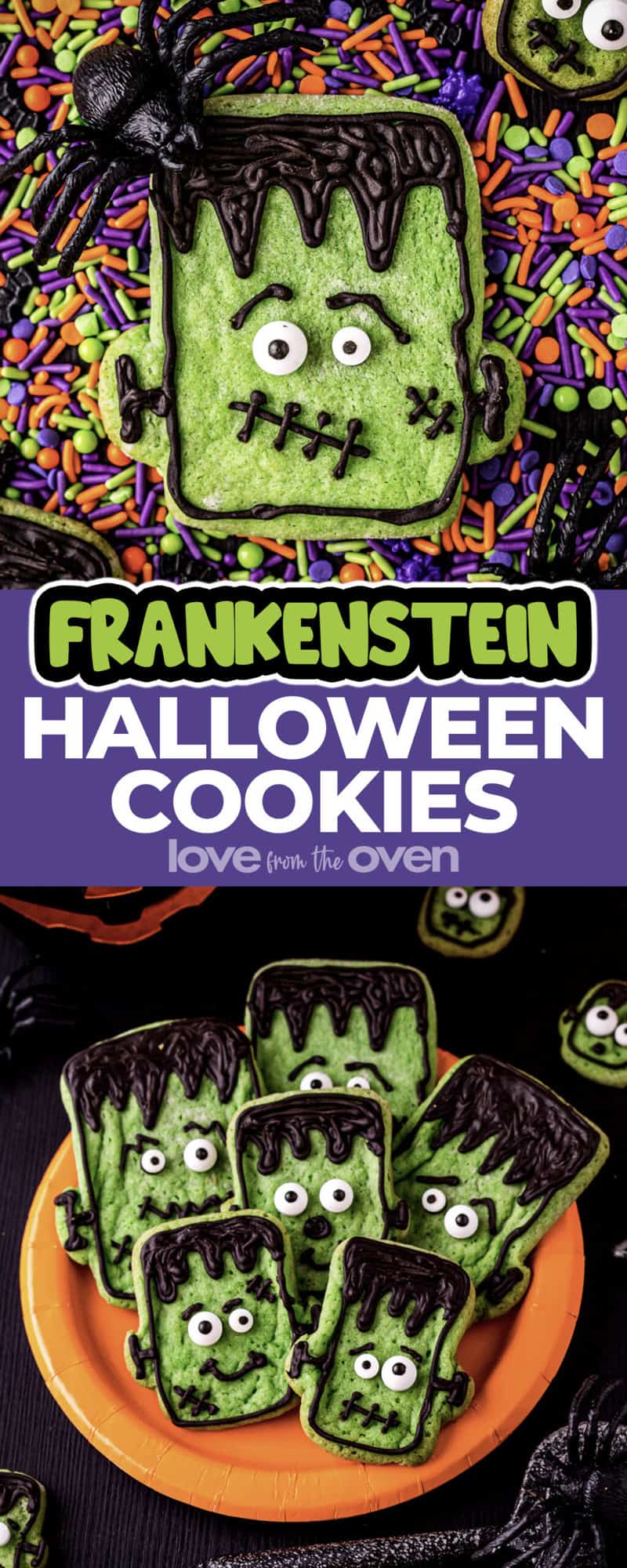 Frankenstein halloween cookies on an orange plate and on colorful sprinkles