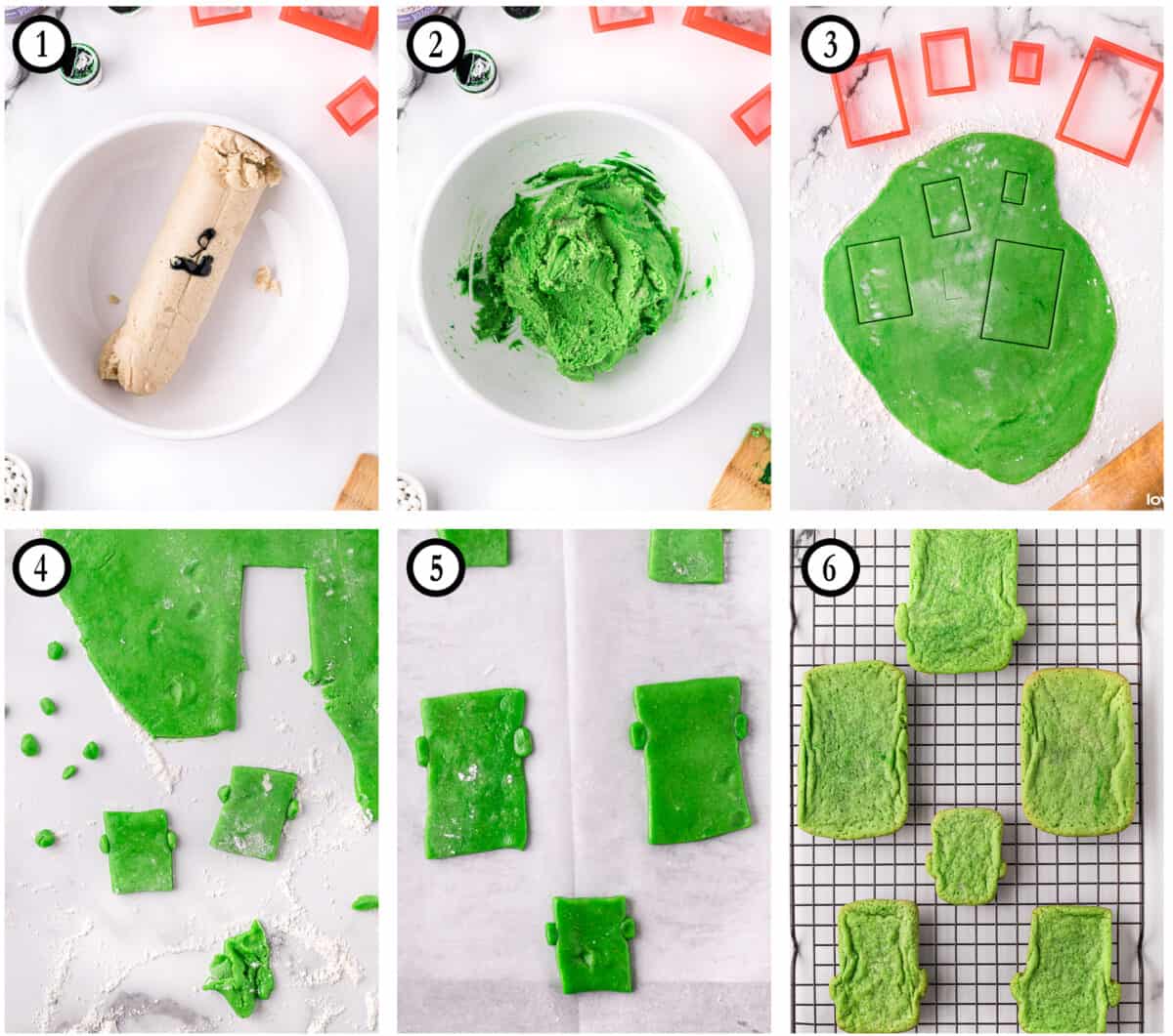 Step by step photos showing how to make halloween cut out cookies.