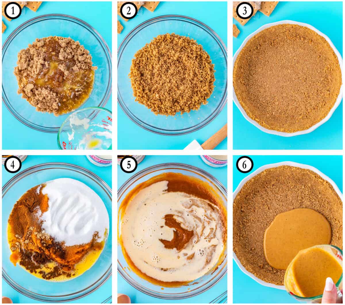 Step by step photos showing how to make a pumpkin pie in a graham cracker crust.