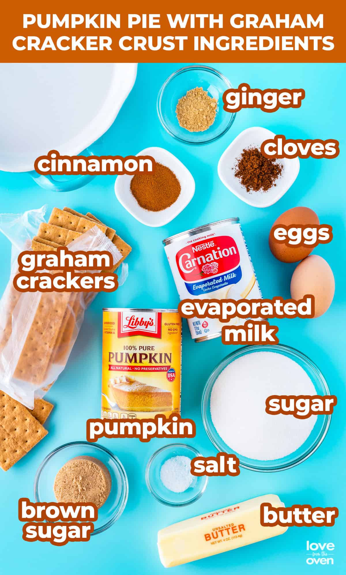 The ingredients to make a pumpkin pie with a graham cracker crust.