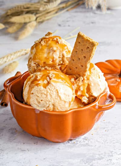 Pumpkin pie ice cream in a pumpkin shaped bowl.