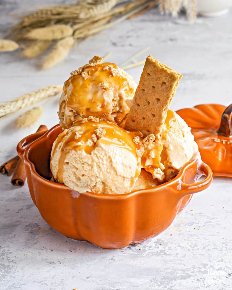 Pumpkin pie ice cream in a pumpkin shaped bowl.