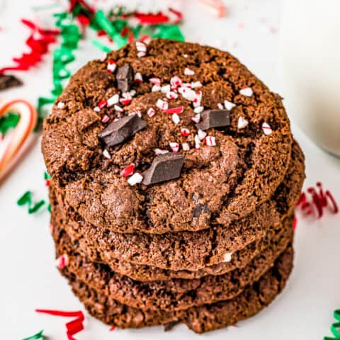 A stack of chocolate peppermint cookies.