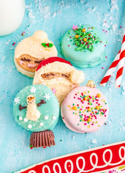 Christmas Oreos on a blue table