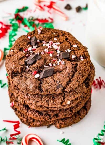 A stack of chocolate peppermint cookies.