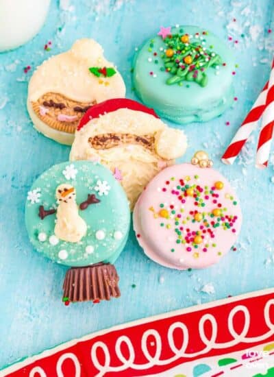 Christmas Oreos on a blue table