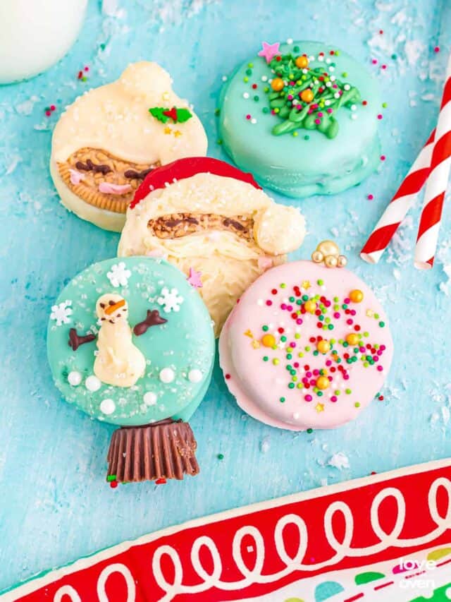 Christmas Oreos on a blue table