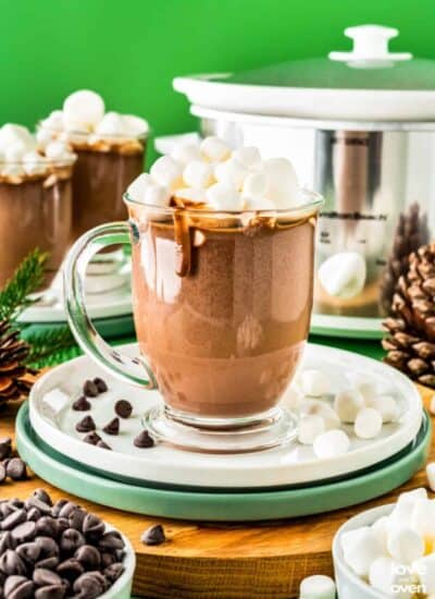 A mug of hot chocolate in front of a crockpot.