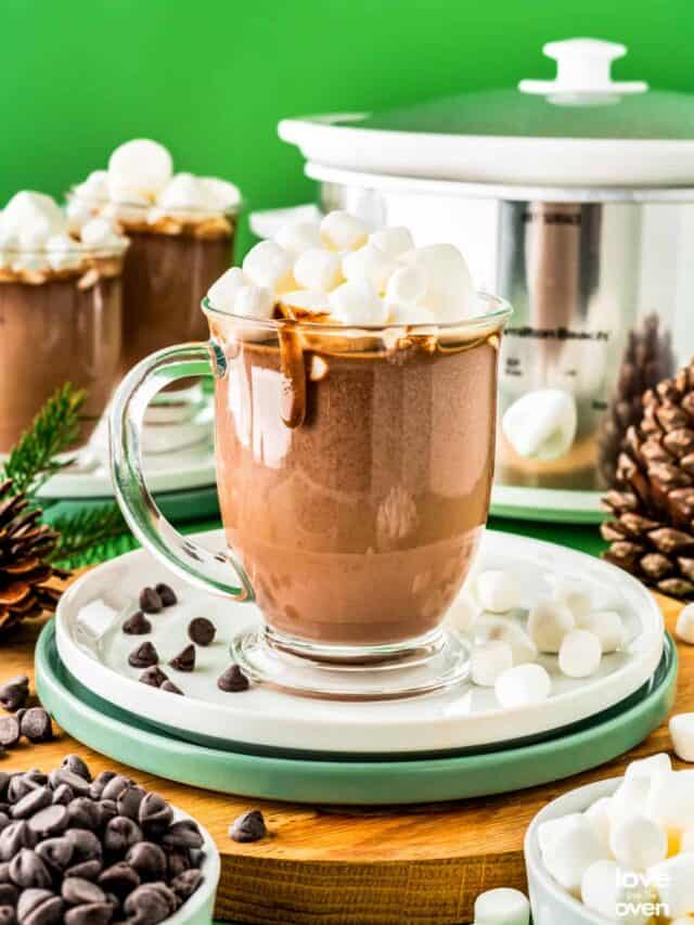A mug of hot chocolate in front of a crockpot.