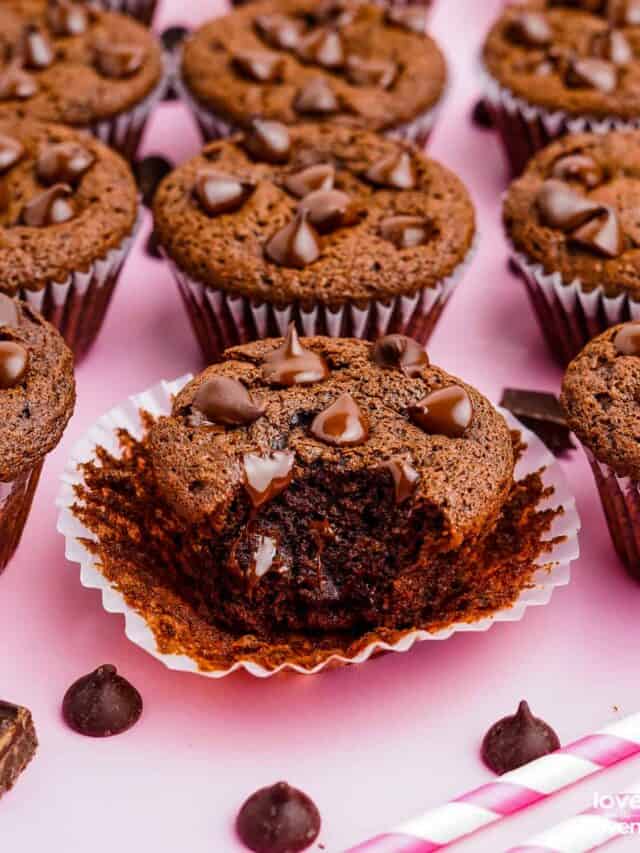 Chocolate Chocolate Chip muffins on a pink background