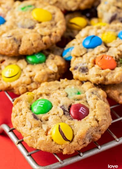 a stack of peanut butter monster cookies