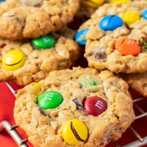 a stack of peanut butter monster cookies