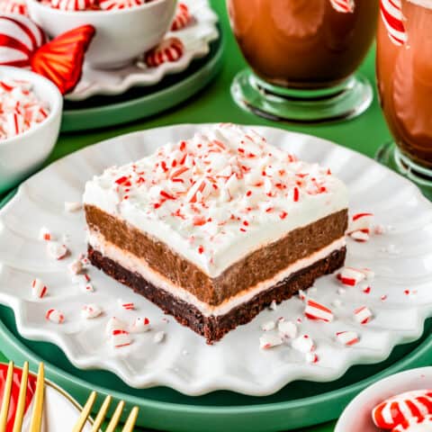 A slice of peppermint striped delight on a white plate and green background.