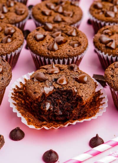 Chocolate Chocolate Chip muffins on a pink background