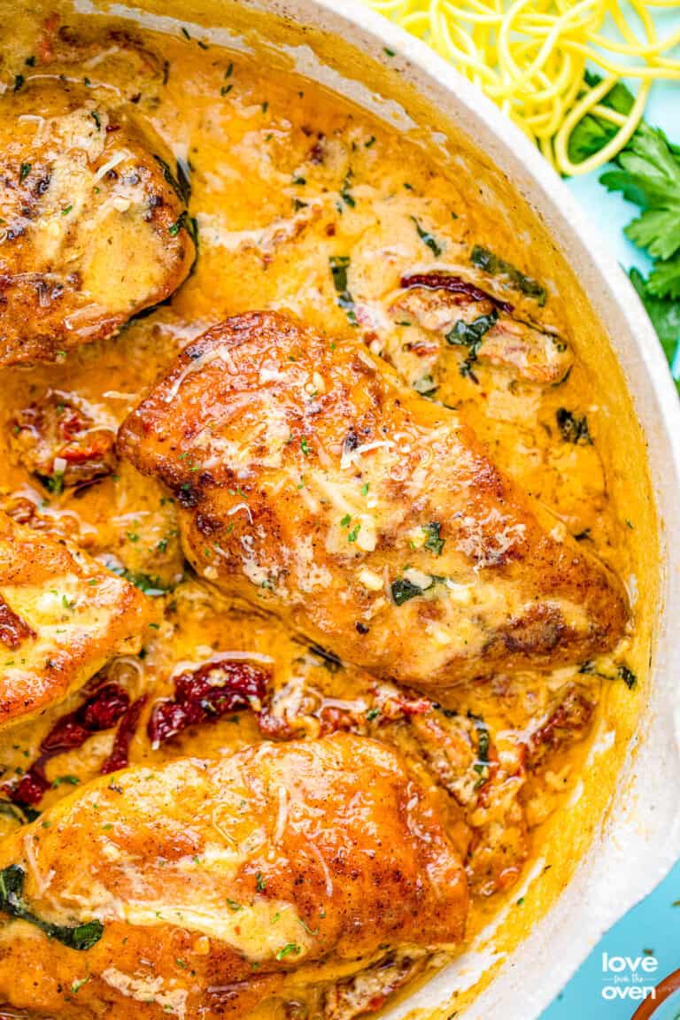 Marry Me Chicken in a white frying pan