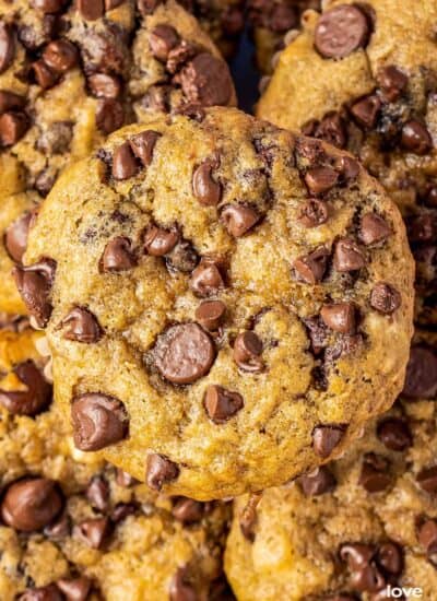 A close up of a banana chocolate chip muffins