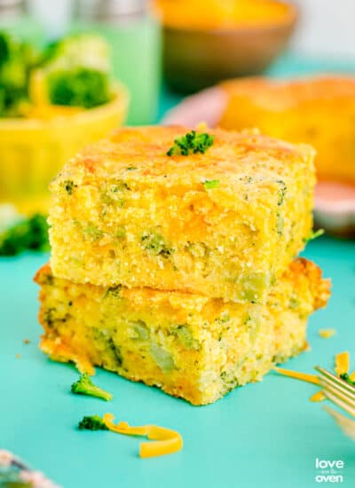 A stack of broccoli cornbread slices