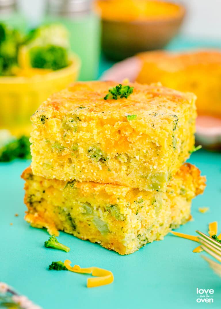A stack of broccoli cornbread slices