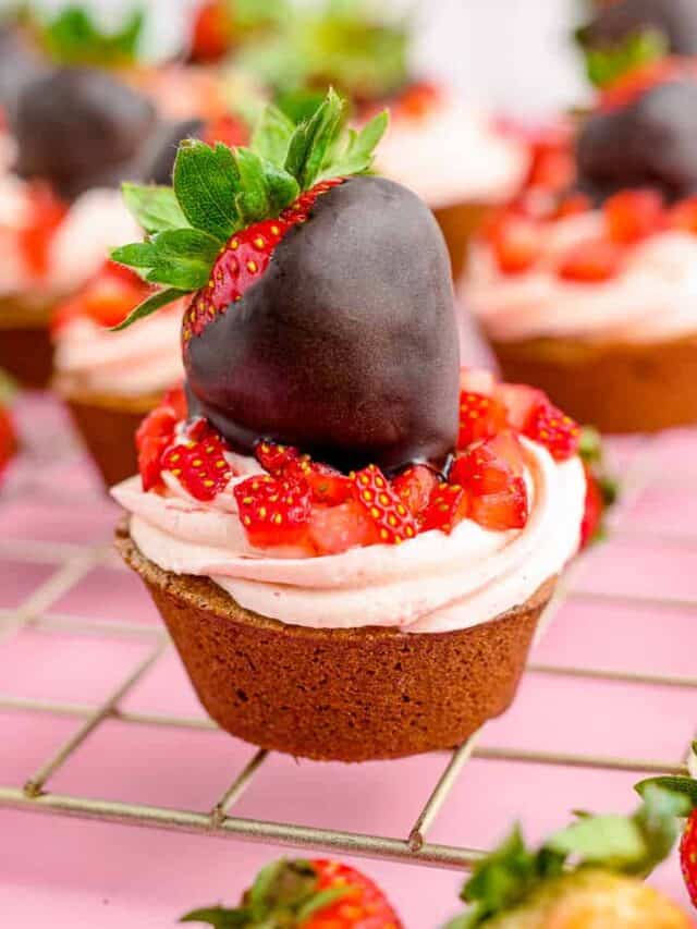 chocolate strawberry cupcakes on a cooling rack