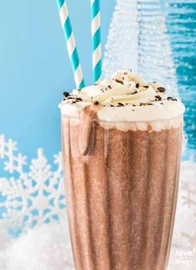 A tall glass of frozen hot chocolate.